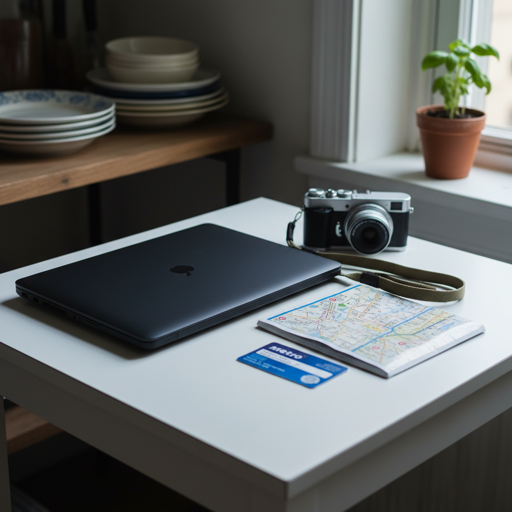 A minimalist, slightly cluttered blog workspace on a small white kitchen table, featuring a compact, matte-black laptop half-closed beside a small vintage digital camera with a worn fabric wrist strap. Nearby, a folded subway map and a bent metro card hint at city wanderings documented online. Soft, cool daylight filters through a nearby window, casting diffused, gentle shadows and a faint reflection on the laptop lid. In the background, out of focus, are stacked mismatched plates and a potted herb plant on the windowsill. Photographic realism captured at eye level, with a casual, candid composition using the rule of thirds. The atmosphere feels relaxed, personal, and slightly chaotic in a charming way, perfectly suited for a playful, everyday blog.