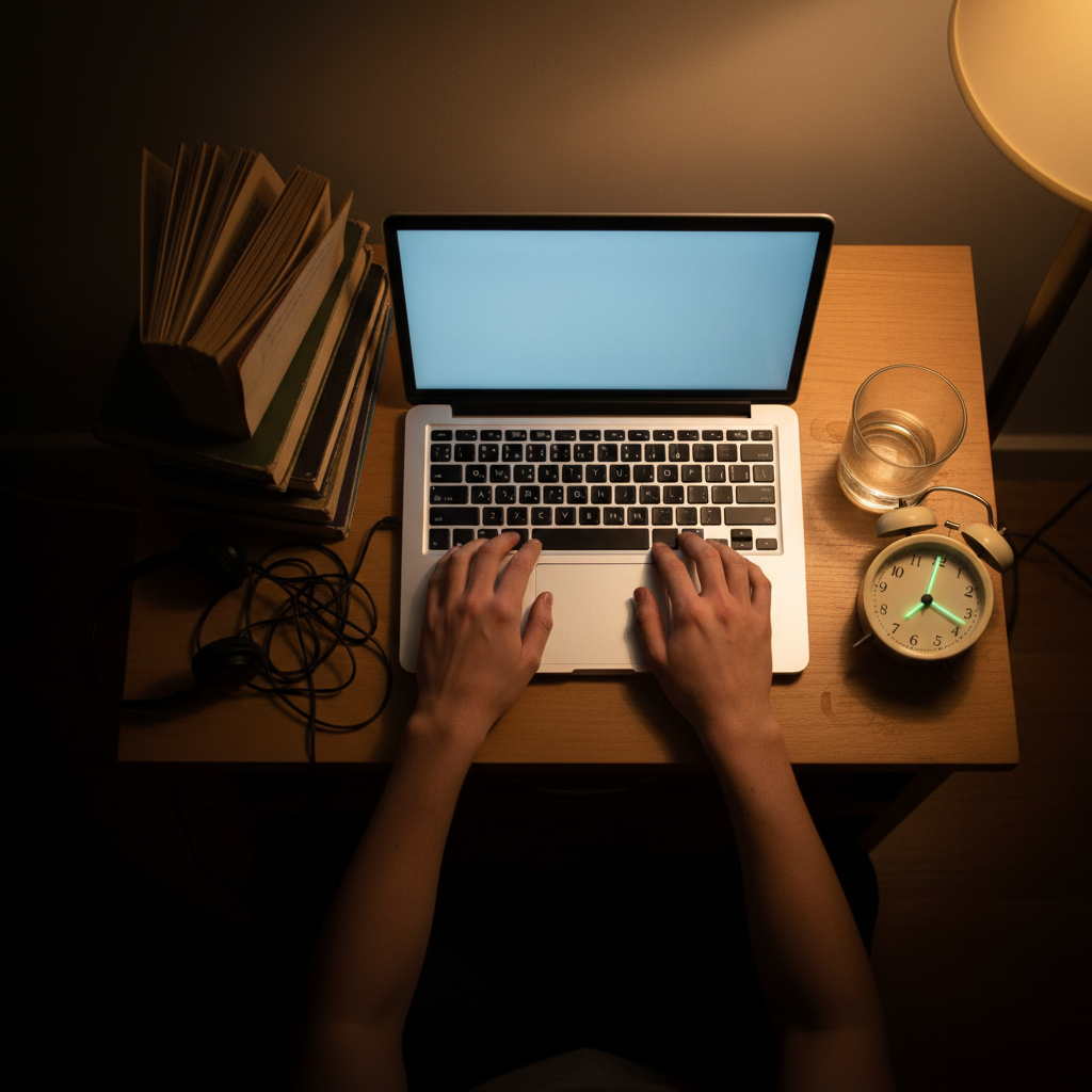 An overhead shot of a compact, cluttered nightstand transformed into a late-night blogging station: a slim laptop glowing faintly, a stack of dog-eared paperback books, a tangled pair of wired headphones, and a small, analog alarm clock with luminescent hands. A half-finished glass of water leaves a ring on the wooden surface. A single warm bedside lamp casts a cozy, amber pool of light, fading into darkness at the edges of the frame. Photographic realism, with a top-down composition emphasizing the informal, improvised workspace. The mood is intimate, slightly sleepy, and quietly productive, evoking the feel of typing personal notes and posts in the middle of the night, when the rest of the city is silent.