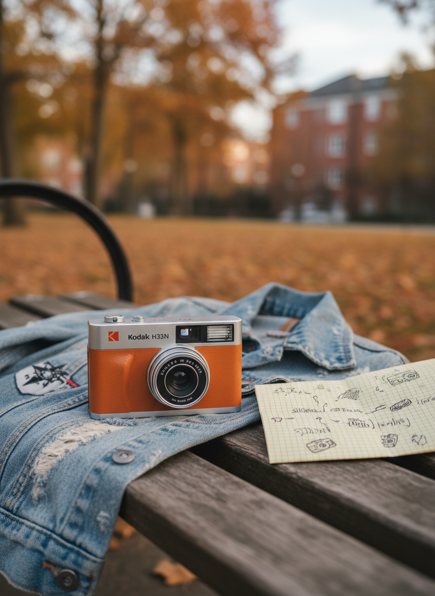 A close-up of a small, retro point-and-shoot camera resting on a faded denim jacket that’s casually draped over a park bench slat. Next to it, a folded piece of graph paper covered in quick ink notes and doodles peeks out from under the jacket. The bench is set in a quiet city park with blurred autumn leaves and distant apartment buildings in the background. Late afternoon, slightly overcast light creates soft, even illumination with gentle, muted shadows. Photographic realism with a shallow depth of field keeps the camera and notes razor sharp while the park melts into creamy bokeh. The mood is nostalgic, exploratory, and playful, suggesting spontaneous photos and blog posts captured on the go.