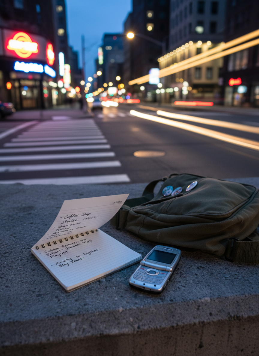 A candid, street-level view of a small spiral notebook and an old flip phone resting side by side on a low concrete ledge, with a scuffed messenger bag slumped nearby. The notebook pages flutter slightly in a subtle breeze, revealing quick bullet points and arrows, suggesting ideas for future blog posts. In the blurred background, colorful city lights, crosswalk markings, and the faint streaks of passing cars create an urban backdrop. Captured at a low angle in photographic realism during blue hour, the lighting mixes cool ambient sky tones with warm streetlight highlights, casting elongated, soft shadows. The composition feels unposed and spontaneous, with a playful, throwback-to-2006 energy that hints at texting, note-taking, and blogging between subway rides.